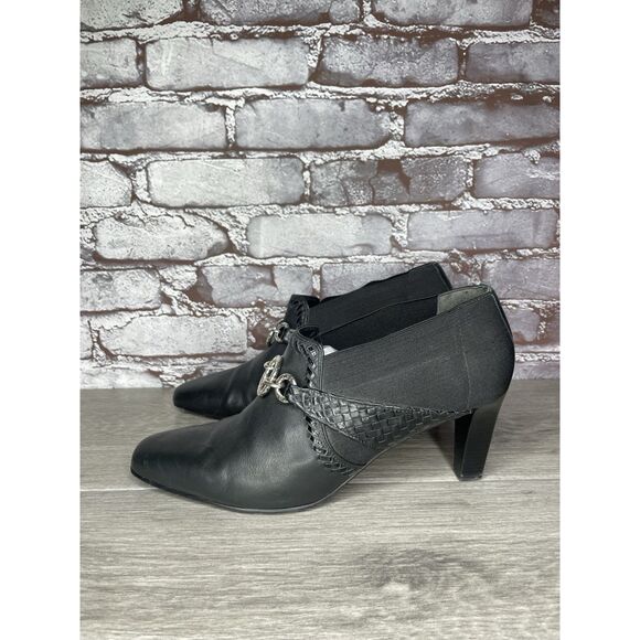 Brighton Rizzo Black Leather Silver Elastic Heel Ankle Booties Women 10M US/41EU - Picture 1 of 16